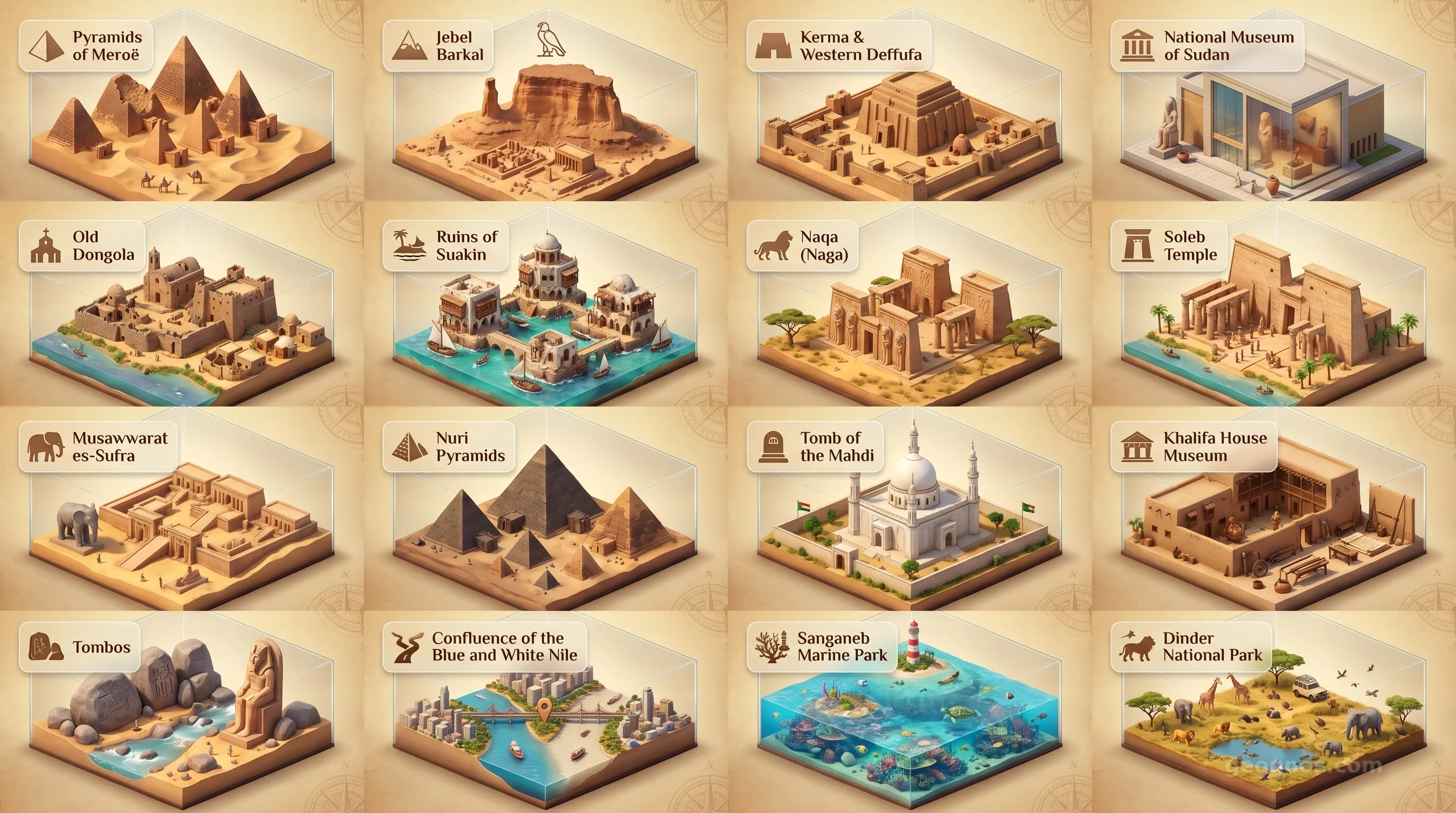 Sudan - Panoramic Places of Interest Atlas including Pyramids of Meroë, Jebel Barkal, Kerma and the Western Deffufa, National Museum of Sudan, Old Dongola, Ruins of Suakin Island, Naqa (Naga), Soleb Temple, Musawwarat es-Sufra, Nuri Pyramids, Tomb of the Mahdi, Khalifa House Museum, Tombos, Confluence of the Blue and White Nile, Sanganeb Marine National Park, Dinder National Park