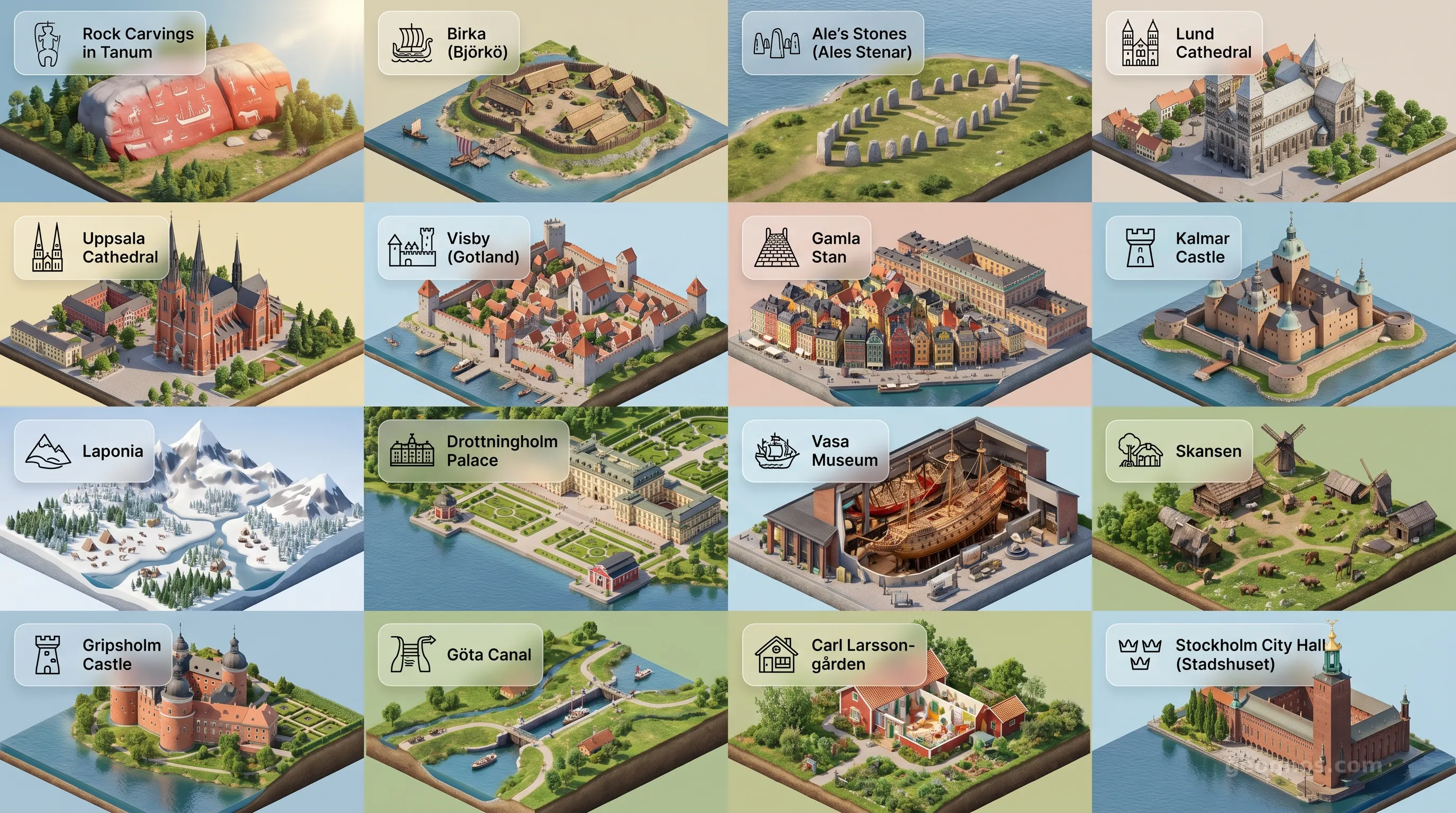 Sweden - Panoramic Places of Interest Atlas including Rock Carvings in Tanum, Birka (Björkö), Ale's Stones (Ales Stenar), Lund Cathedral, Uppsala Cathedral, Visby (Gotland), Gamla Stan, Kalmar Castle, Laponia, Drottningholm Palace, Vasa Museum, Skansen, Gripsholm Castle, Göta Canal, Carl Larsson-gården, Stockholm City Hall (Stadshuset)