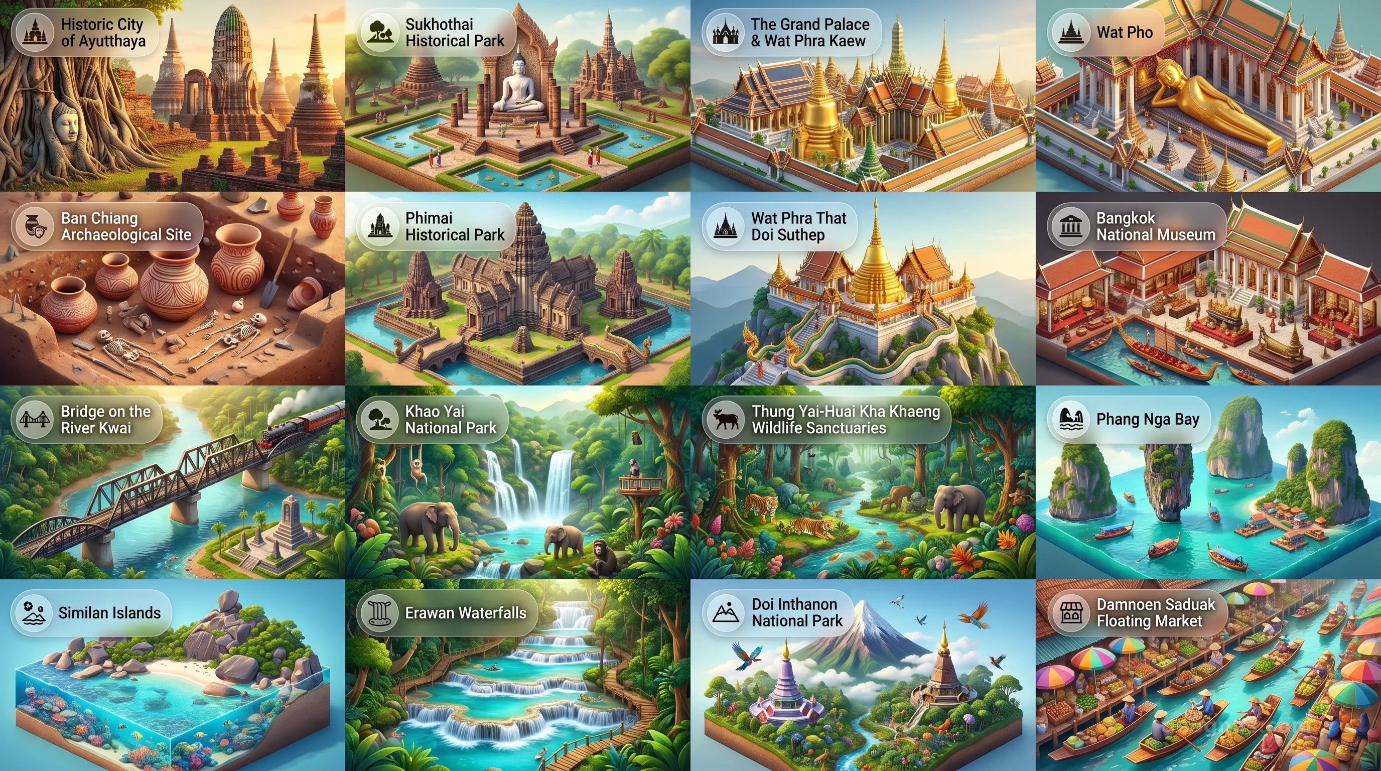 Thailand - Panoramic Places of Interest Atlas including Historic City of Ayutthaya, Sukhothai Historical Park, The Grand Palace & Wat Phra Kaew, Wat Pho, Ban Chiang Archaeological Site, Phimai Historical Park, Wat Phra That Doi Suthep, Bangkok National Museum, Bridge on the River Kwai, Khao Yai National Park, Thung Yai-Huai Kha Khaeng Wildlife Sanctuaries, Phang Nga Bay, Similan Islands, Erawan Waterfalls, Doi Inthanon National Park, Damnoen Saduak Floating Market