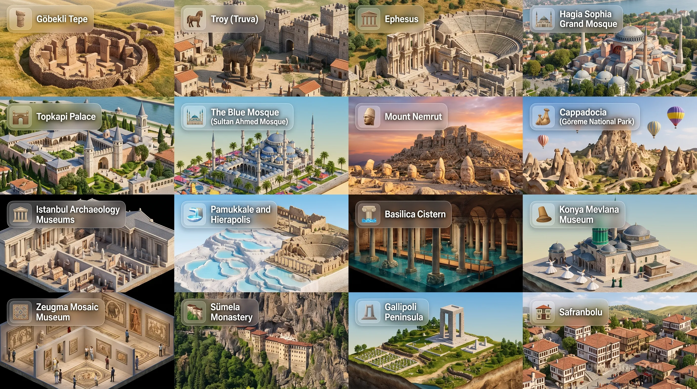 Turkey - Panoramic Places of Interest Atlas including Göbekli Tepe, Troy (Truva), Ephesus, Hagia Sophia Grand Mosque, Topkapi Palace, The Blue Mosque (Sultan Ahmed Mosque), Mount Nemrut, Cappadocia (Göreme National Park), Istanbul Archaeology Museums, Pamukkale and Hierapolis, Basilica Cistern, Konya Mevlana Museum, Zeugma Mosaic Museum, Sümela Monastery, Gallipoli Peninsula, Safranbolu