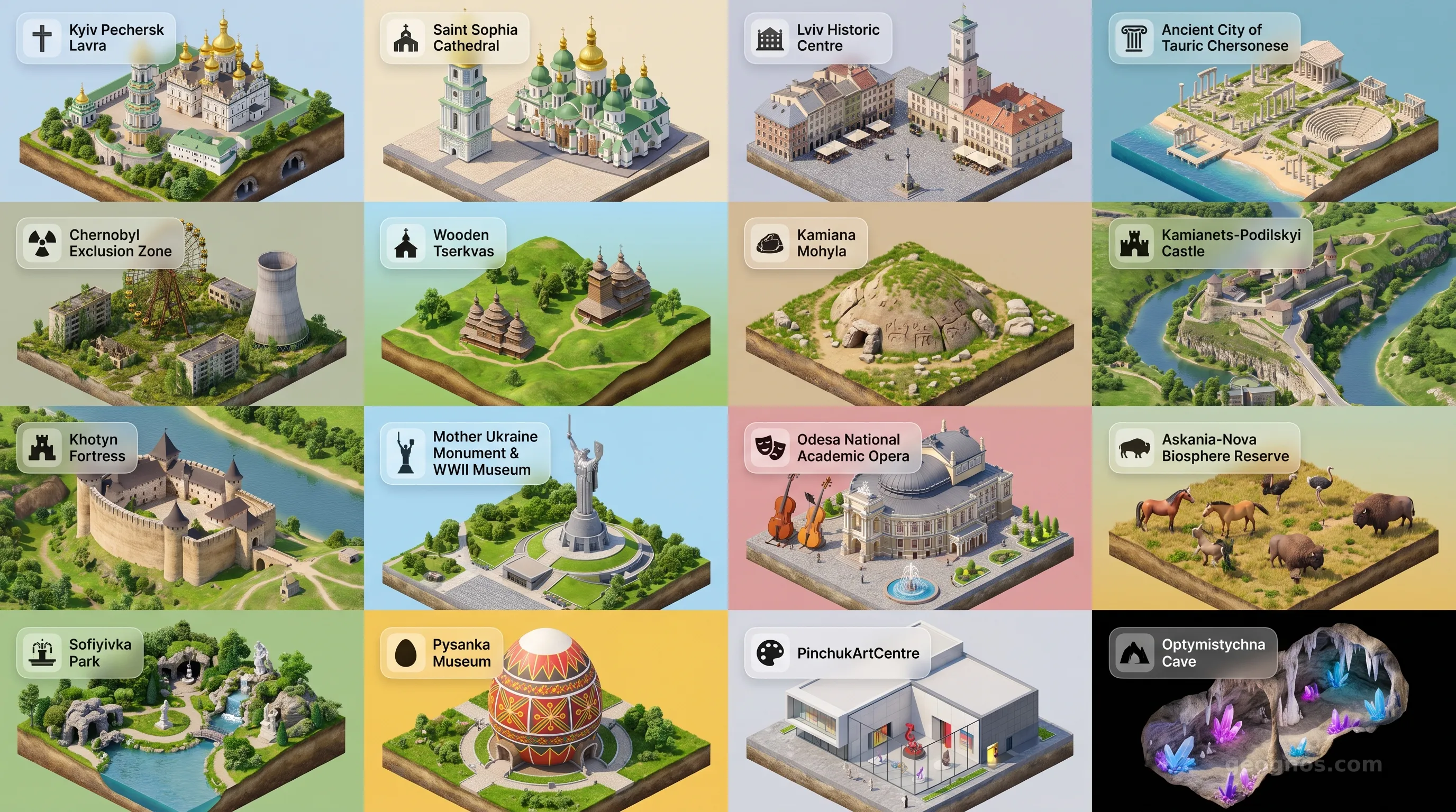 Ukraine - Panoramic Places of Interest Atlas including Kyiv Pechersk Lavra, Saint Sophia Cathedral, Lviv Historic Centre, Ancient City of Tauric Chersonese, Chernobyl Exclusion Zone, Wooden Tserkvas of the Carpathian Region, Kamiana Mohyla, Kamianets-Podilskyi Castle, Khotyn Fortress, Mother Ukraine Monument & WWII Museum, Odesa National Academic Opera and Ballet Theater, Askania-Nova Biosphere Reserve, Sofiyivka Park, Pysanka Museum, PinchukArtCentre, Optymistychna Cave