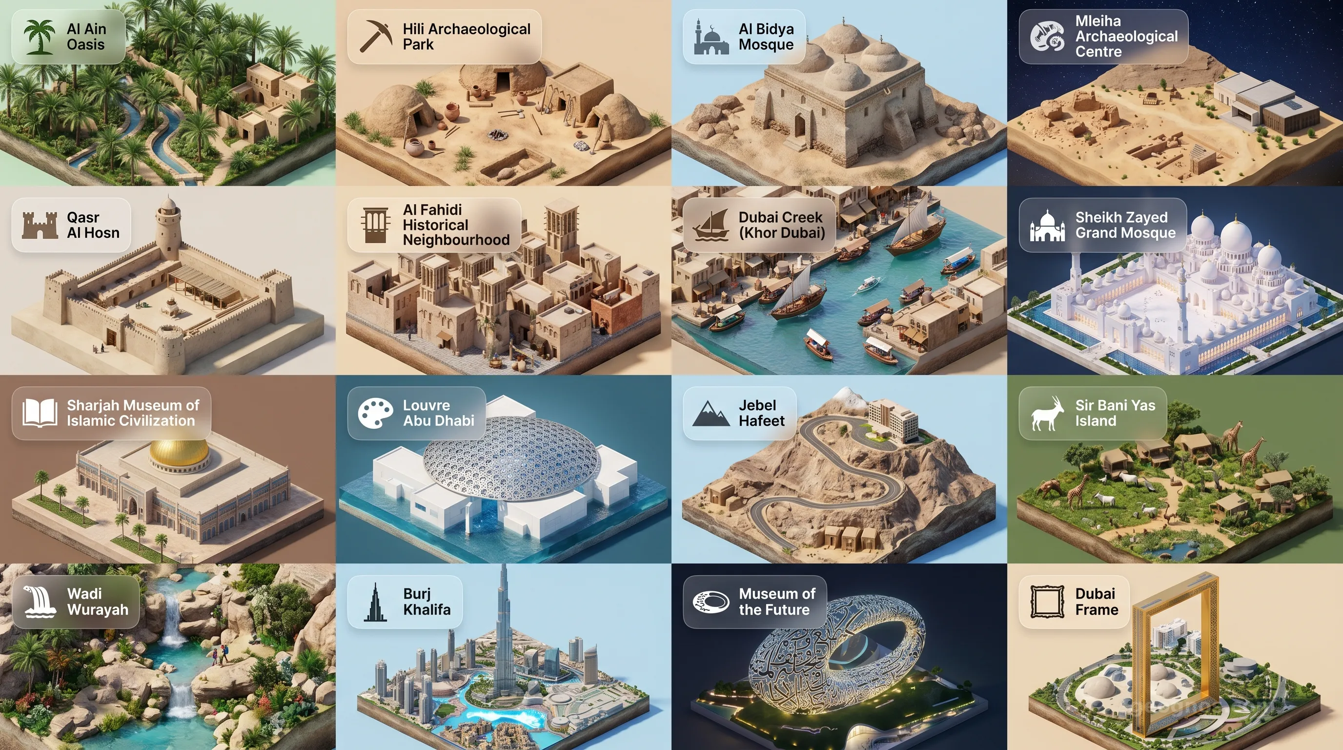 United Arab Emirates - Panoramic Places of Interest Atlas including Al Ain Oasis, Hili Archaeological Park, Al Bidya Mosque, Mleiha Archaeological Centre, Qasr Al Hosn, Al Fahidi Historical Neighbourhood, Dubai Creek (Khor Dubai), Sheikh Zayed Grand Mosque, Sharjah Museum of Islamic Civilization, Louvre Abu Dhabi, Jebel Hafeet, Sir Bani Yas Island, Wadi Wurayah, Burj Khalifa, Museum of the Future, Jebel Jais