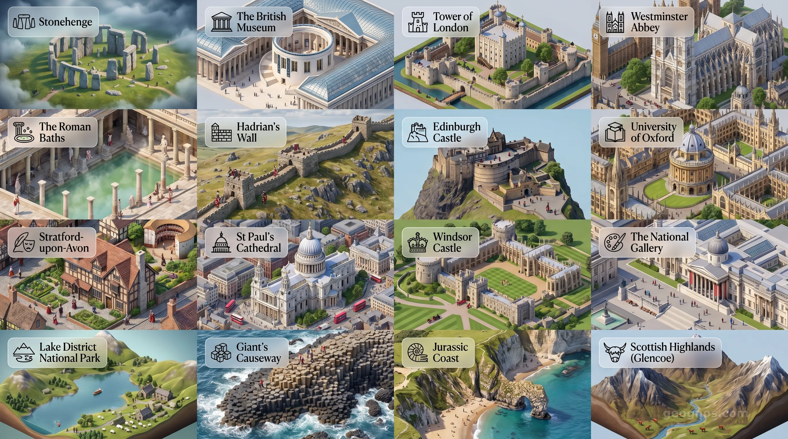United Kingdom - Panoramic Places of Interest Atlas including Stonehenge, The British Museum, Tower of London, Westminster Abbey, The Roman Baths, Hadrian's Wall, Edinburgh Castle, University of Oxford, Stratford-upon-Avon, St Paul's Cathedral, Windsor Castle, The National Gallery, Lake District National Park, Giant's Causeway, Jurassic Coast, Scottish Highlands (Glencoe)