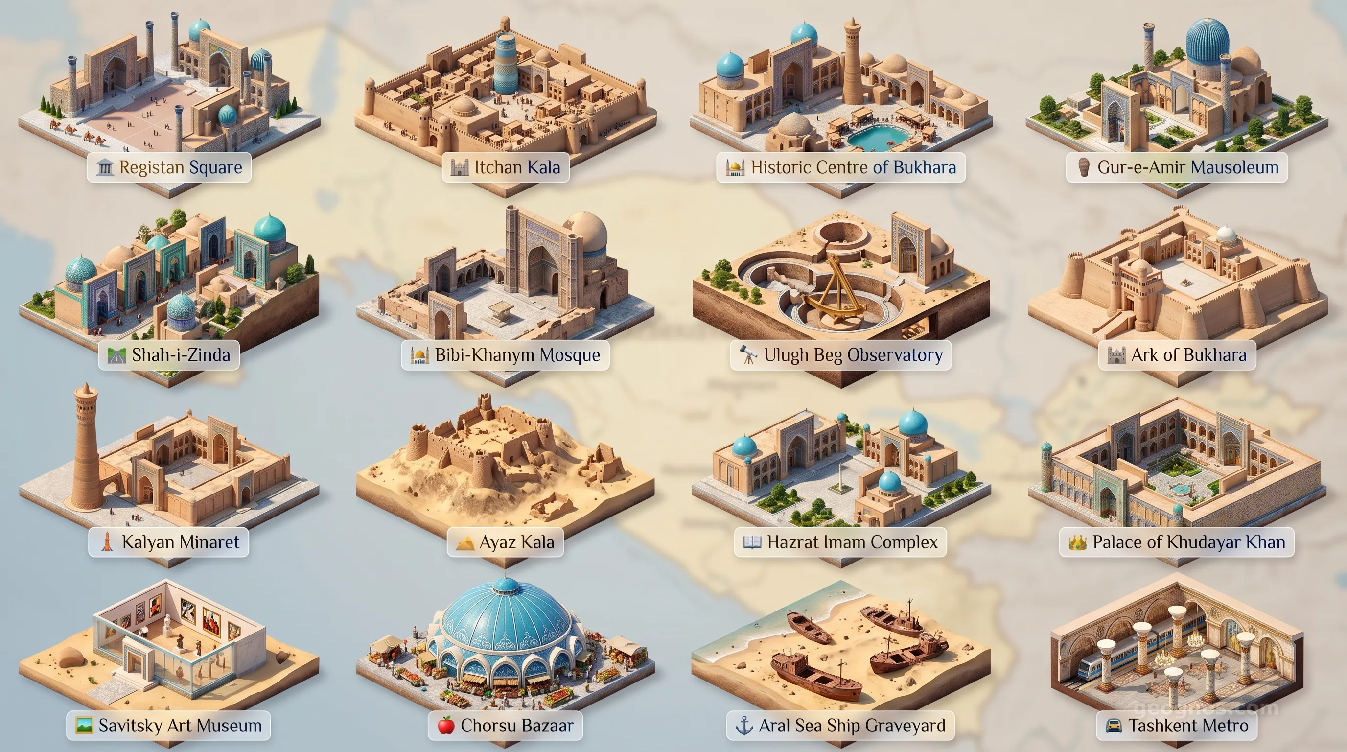 Uzbekistan - Panoramic Places of Interest Atlas including Registan Square, Itchan Kala, Historic Centre of Bukhara, Gur-e-Amir Mausoleum, Shah-i-Zinda, Bibi-Khanym Mosque, Ulugh Beg Observatory, Ark of Bukhara, Kalyan Minaret, Ayaz Kala, Hazrat Imam Complex, Palace of Khudayar Khan, Savitsky Art Museum, Chorsu Bazaar, Aral Sea Ship Graveyard, Tashkent Metro