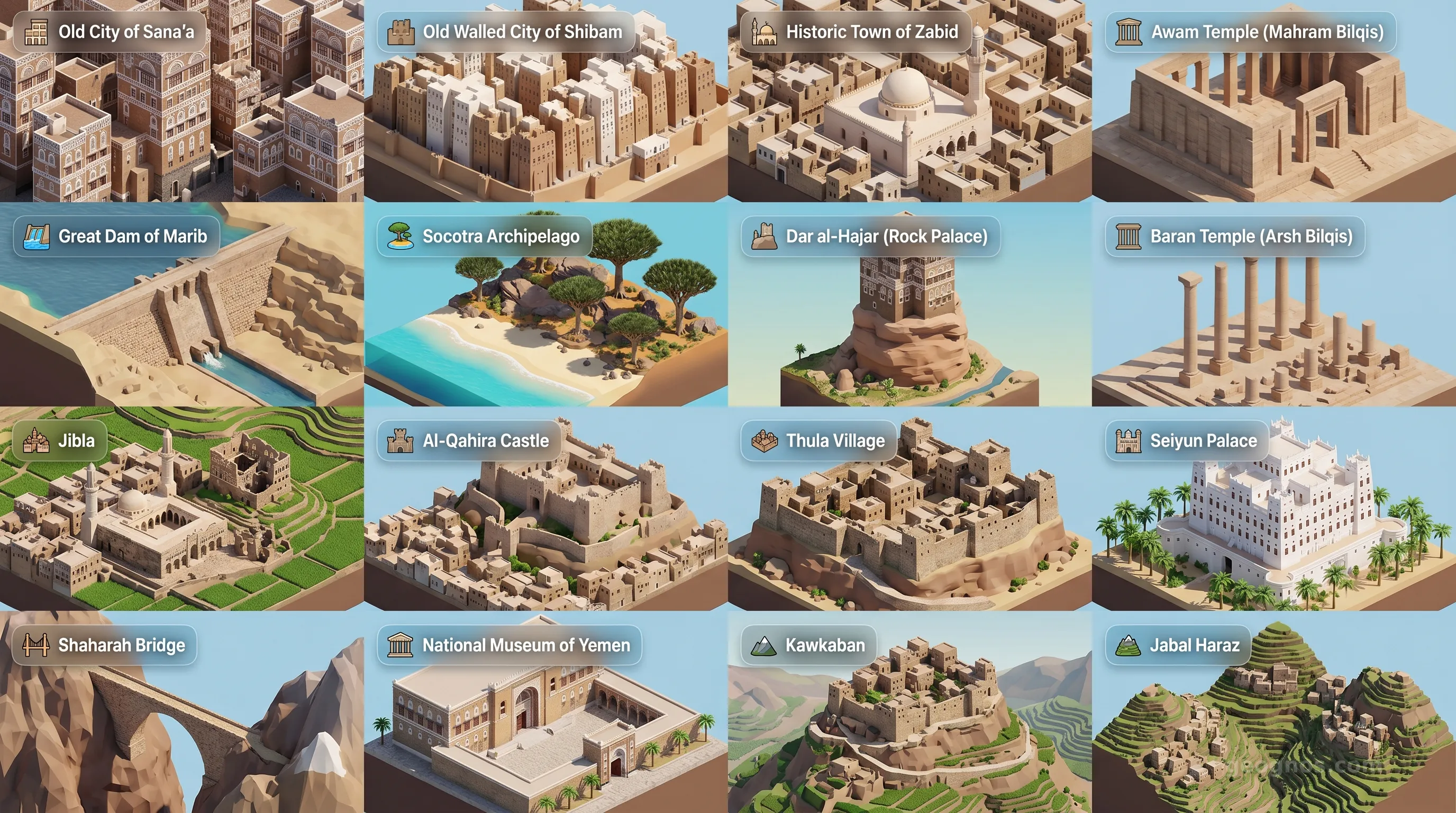 Yemen - Panoramic Places of Interest Atlas including Old City of Sana'a, Old Walled City of Shibam, Historic Town of Zabid, Awam Temple (Mahram Bilqis), Great Dam of Marib, Socotra Archipelago, Dar al-Hajar (Rock Palace), Baran Temple (Arsh Bilqis), Jibla, Al-Qahira Castle, Thula Village, Seiyun Palace, Shaharah Bridge, National Museum of Yemen, Kawkaban, Jabal Haraz